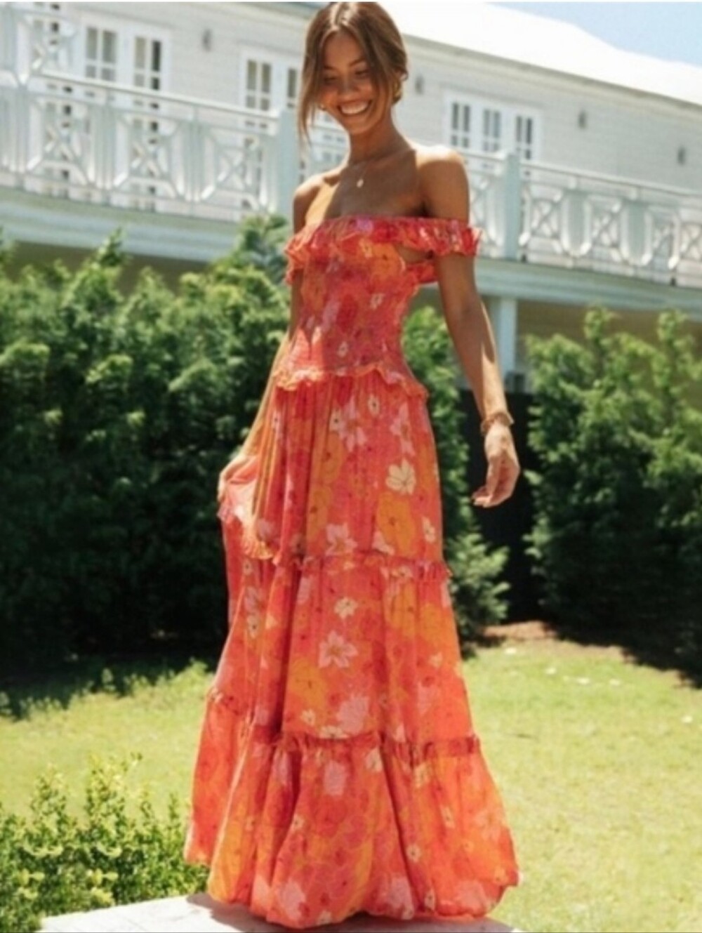 ATL Smocked Tiered Ruffle Off Shoulder Floral Maxi Dress Boho Romantic Medium